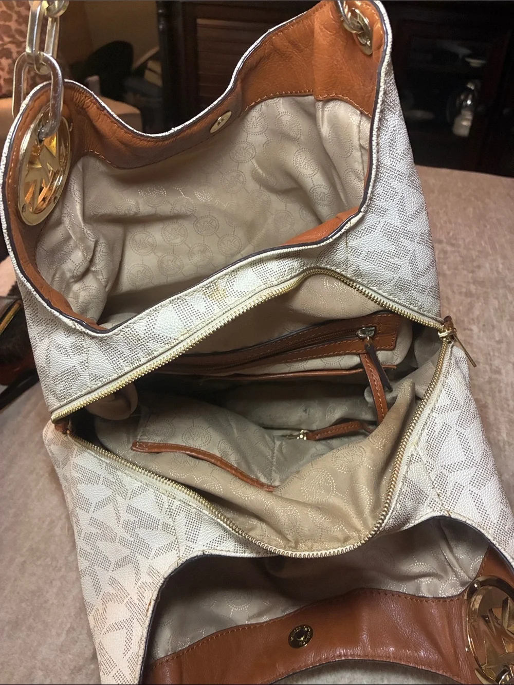 Michael Kors Beige & Tan Logo Chain-Handle‎ Hobo